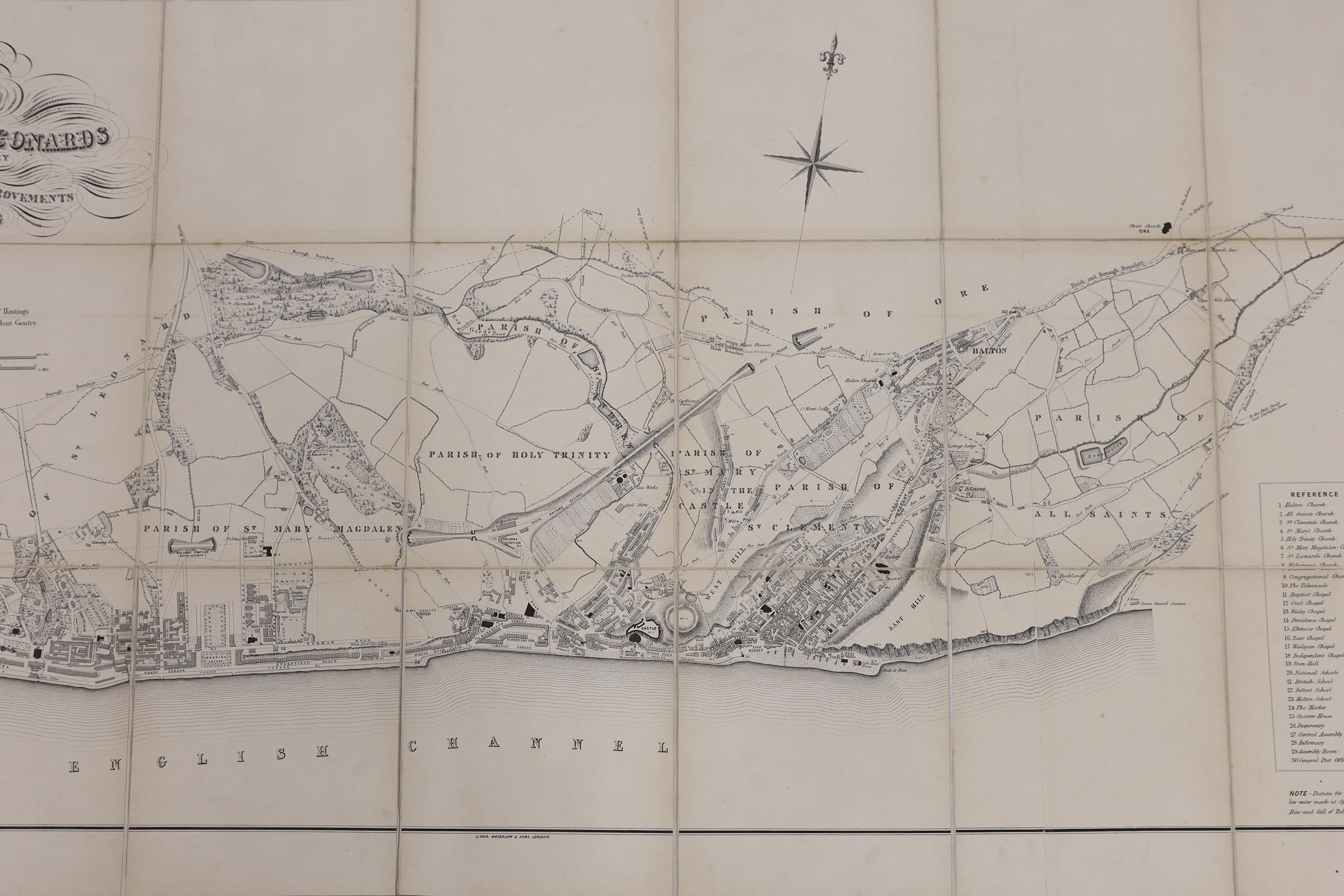 HASTINGS - Laing, John (Borough Surveyor) - Map of Hastings and St. Leonards, on linen in red cloth binding with gilt lettering, scale: 12 inches to 1 mile, Hastings, January 1859, 68.5 x 131cms